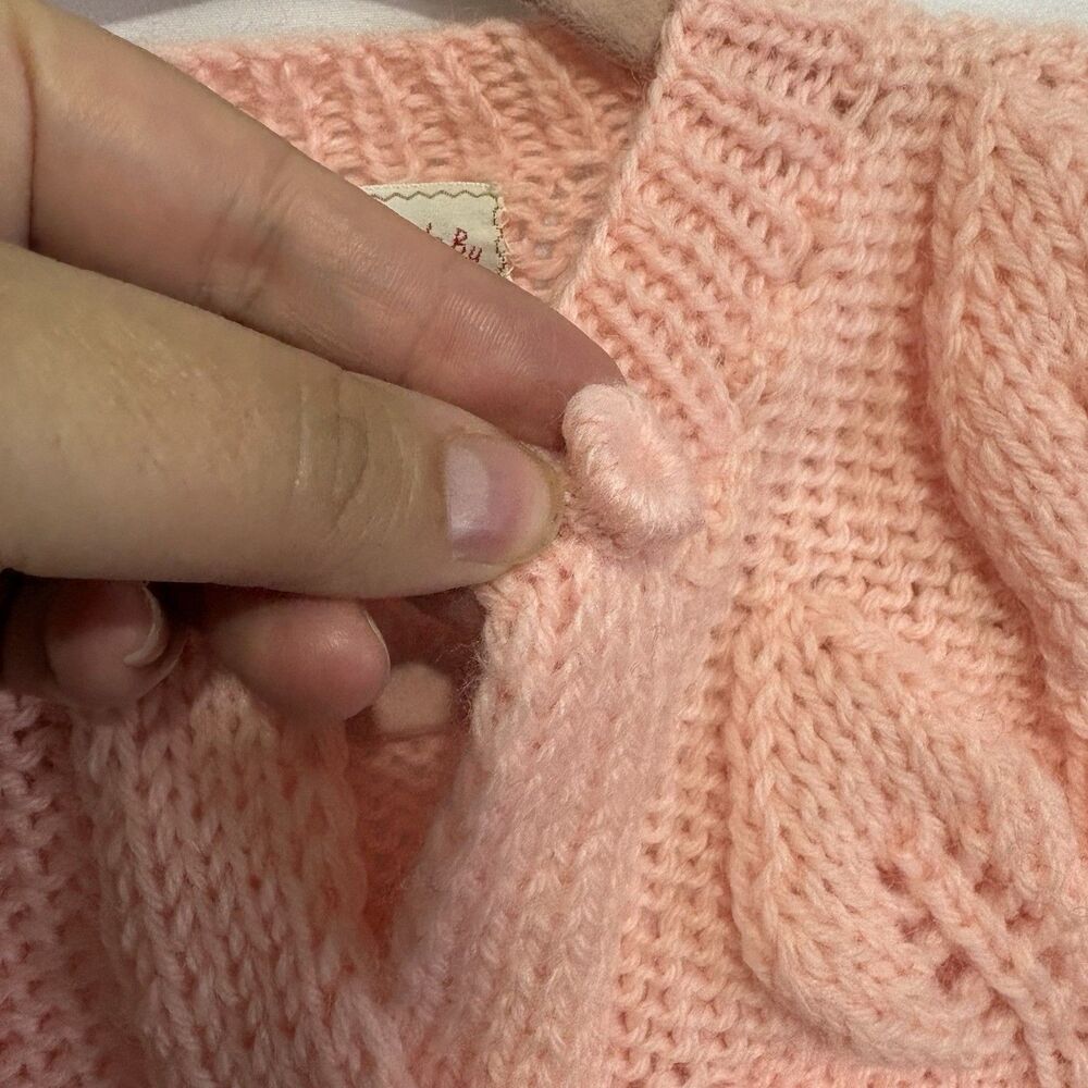 Vintage Handmade By Hazel Peach Pink Leaf Cable Knit Cardigan Cottagecore M/L - Picture 4 of 7